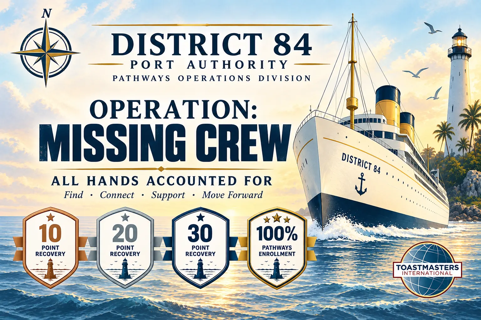 District 84 Operation: Missing Crew Pathways campaign featuring a ship, lighthouse, compass and Pathways recognition badges.